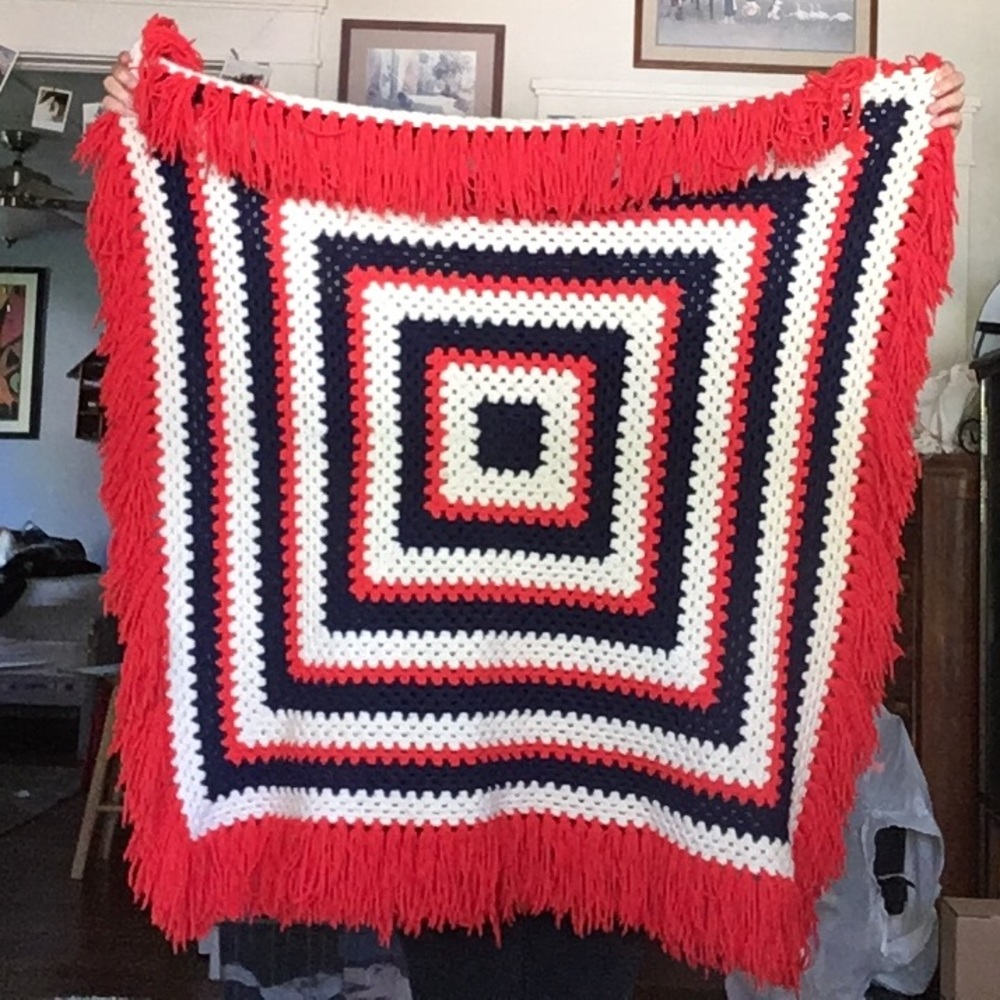 Granny Squares Afghan Blanket, Stripped Pattern, Patriotic USA Colors